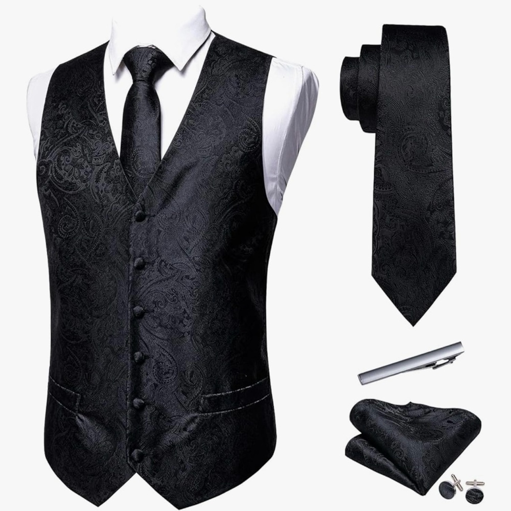 Elegant Black Paisley Vest and Tie Set